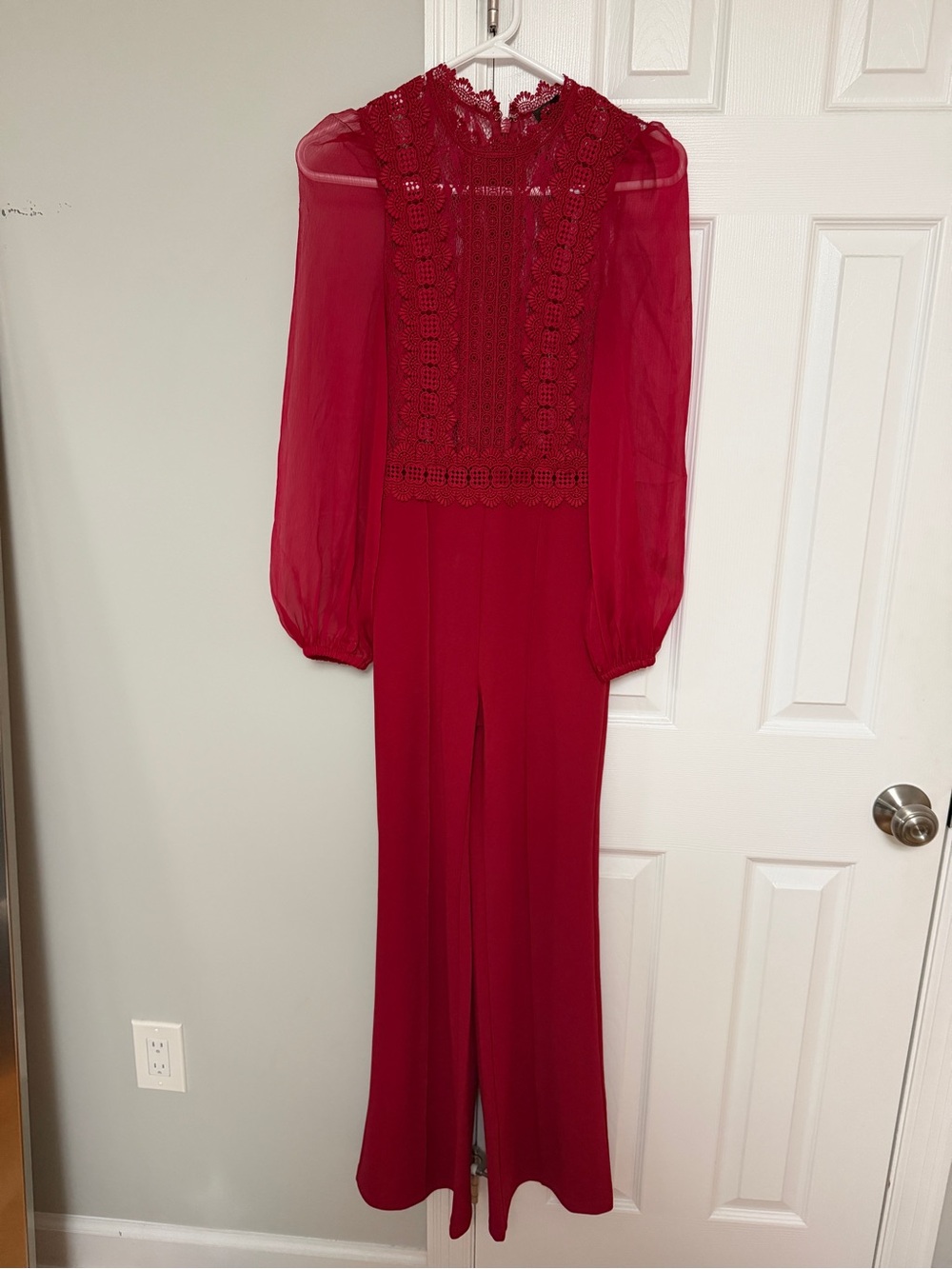 Express Red Lace-Yoke Long Sleeve Jumpsuit